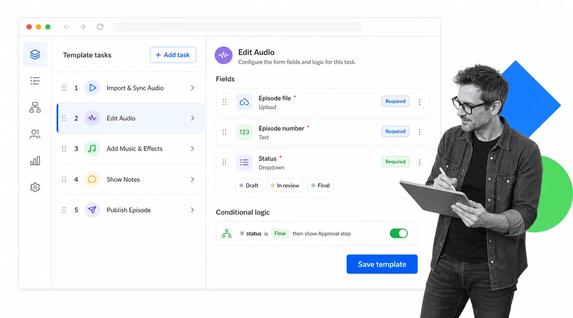 Process Street template editor configuring podcast audio editing steps with form fields and conditional logic
