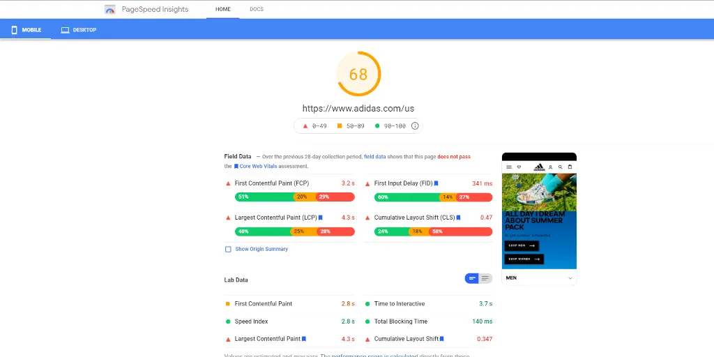 Adidas Core Web Vitals assessment via PageSpeed Insights Adidas Core Web Vitals assessment via PageSpeed Insights