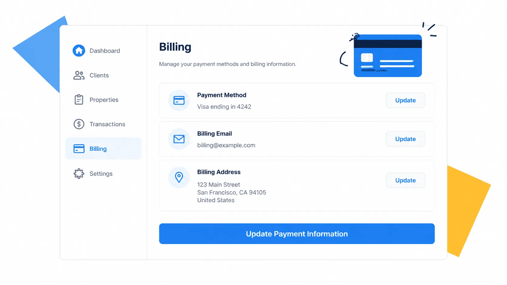 Process Street billing management panel showing payment method and billing details