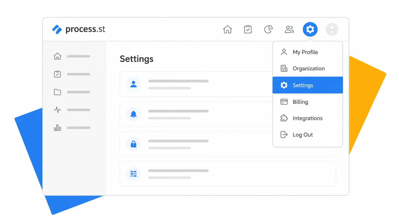 Process Street settings navigation showing how to access billing settings