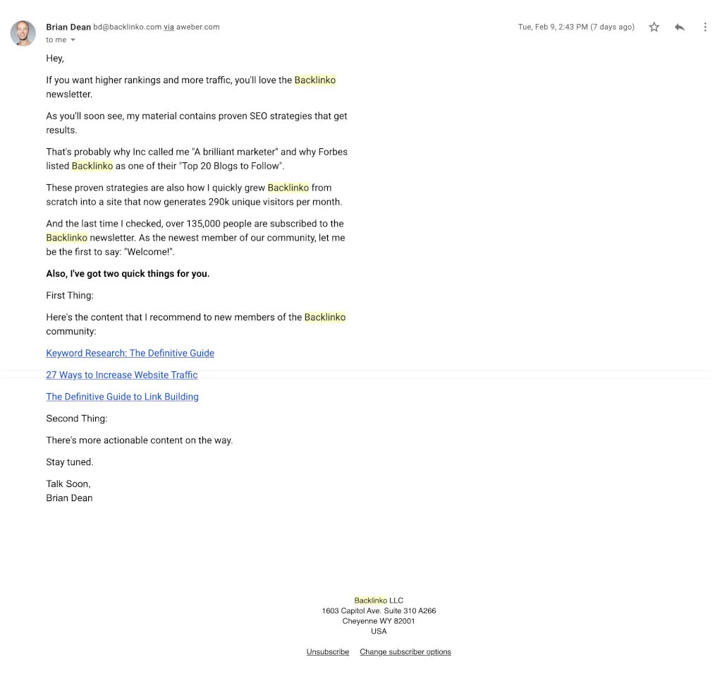 Backlinko Welcome Email