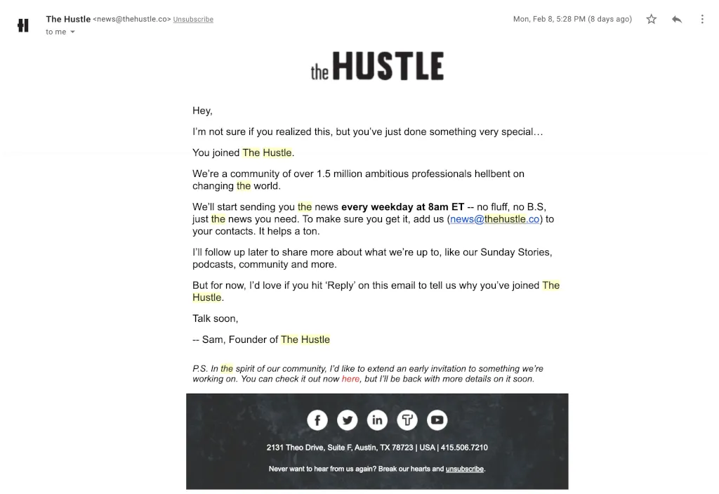 The hustle welcome email