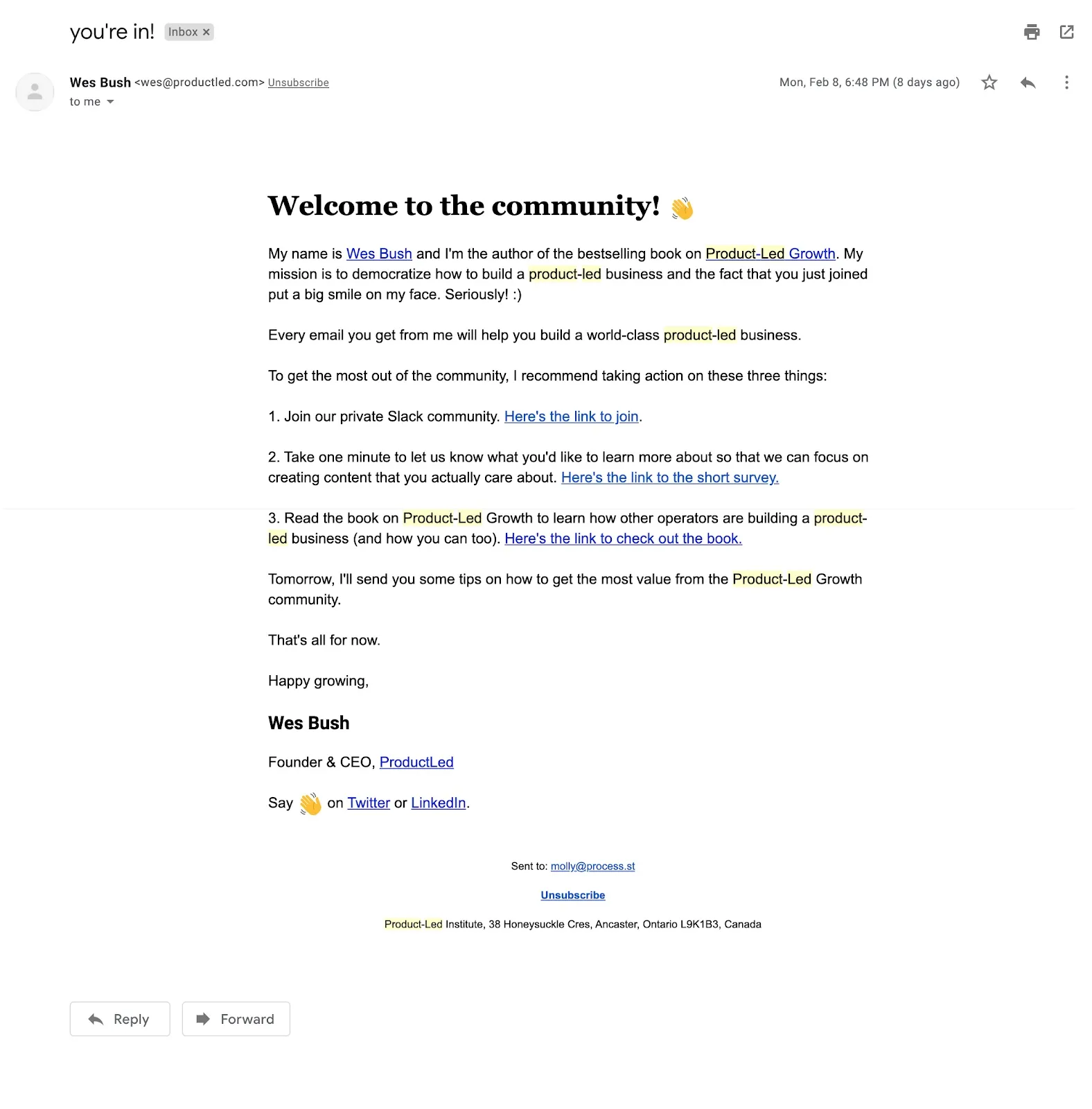 product led welcome email