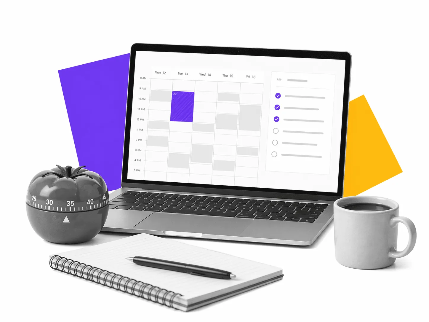 Pomodoro focus illustration showing a timer, protected calendar focus blocks, and a focused deep-work setup