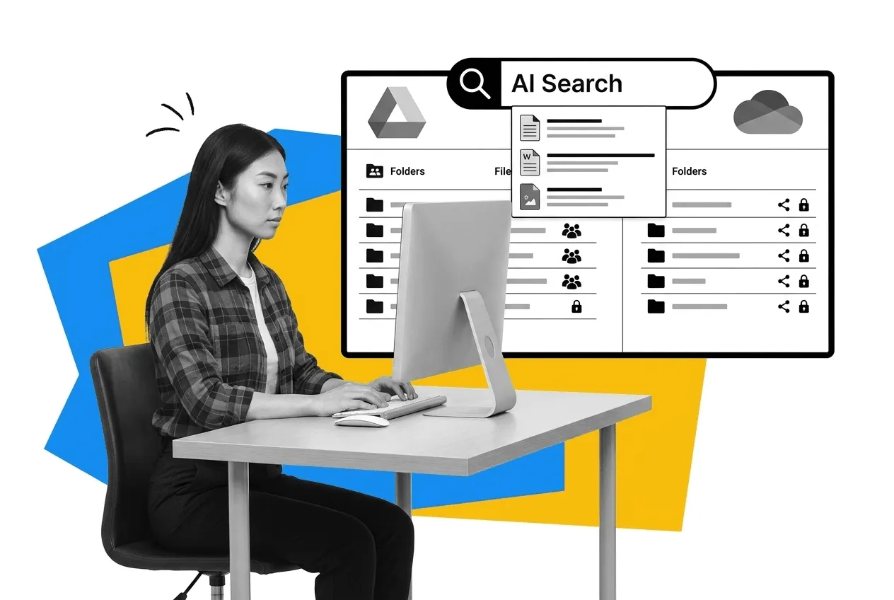 Specific storage software illustration showing Google Drive, OneDrive, structured folders, permissions, and AI search over organized files