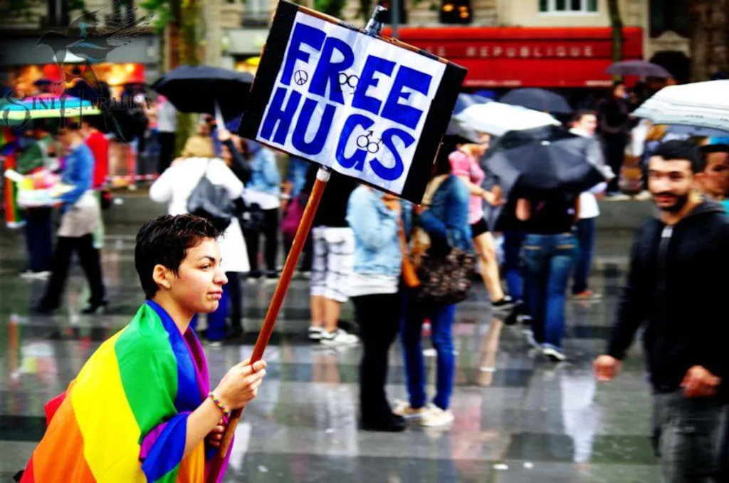 A nonbinary person with short dark hair and a lip ring draped with a rainbow flag around their shoulders like a shawl. They hold a sign that says "FREE HUGS" in blue capital letters.