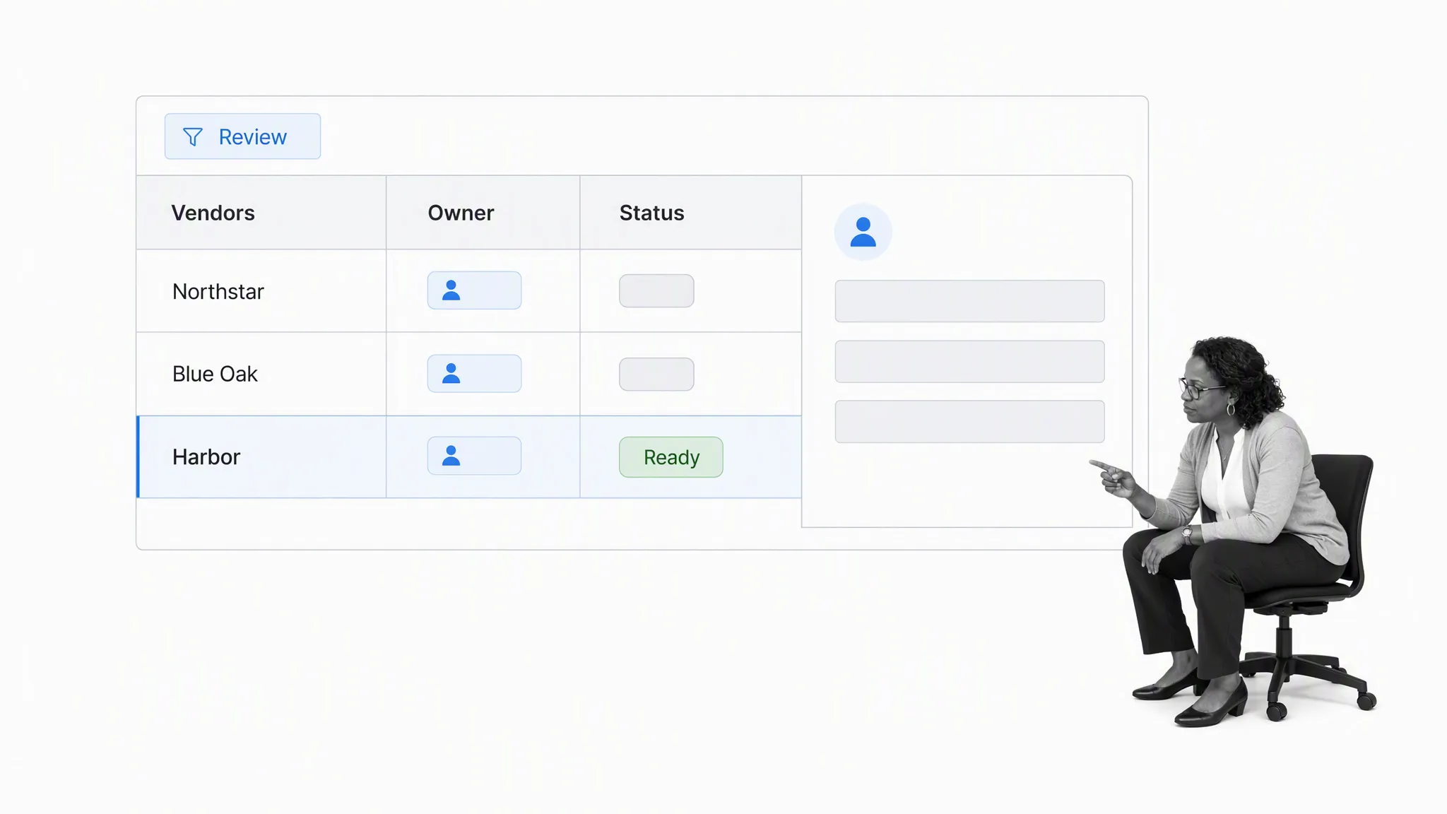 Operational vendor data grid with filtered review status