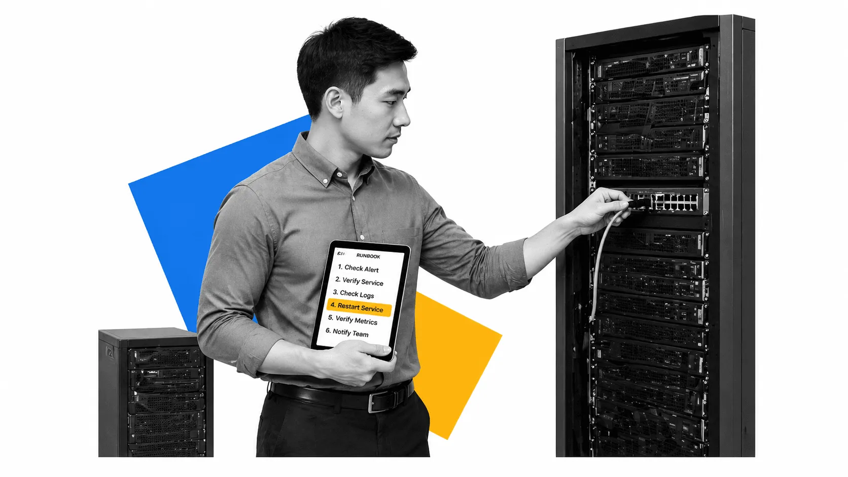 A site reliability engineer working a runbook on a tablet next to a server rack