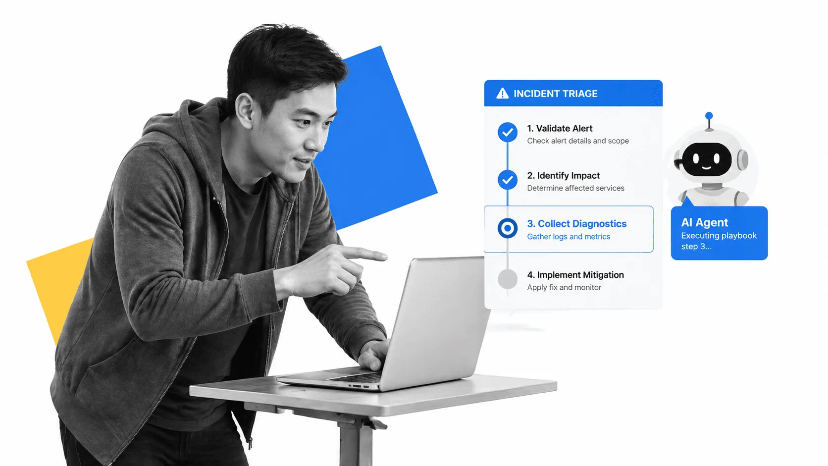 A devops engineer reviewing an AI-driven incident triage runbook on a laptop